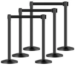 VEVOR Stanchion Post, 6 Pcs Stanchions with Retractable Belts, Carbon Steel Black Stanchions Queue with Sand Injection Hollow Base, Crowd Control Barriers for Theaters, Parties, Weddings, Exhibitions