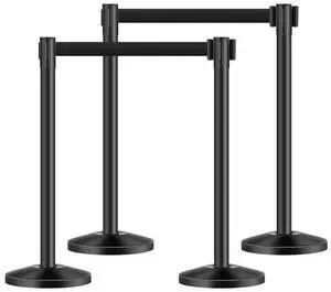 VEVOR Stanchion Post, 4 Pcs Stanchions with Retractable Belts, Carbon Steel Black Stanchions Queue with Sand Injection Hollow Base, Crowd Control Barriers for Theaters, Parties, Weddings, Exhibitions