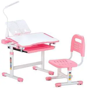 VEVOR Kids Chair and Desk Set Table Lamp Adjustable Height & Tilted Desktop Pink