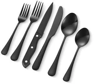 VEVOR 48-Piece Black Silverware Set with Steak Knives, Food-Grade Stainless Steel Flatware Utensils for 8, Mirror Finished Cutlery Set, Dishwasher Safe Eating Tableware for Kitchen Home, Service for 8