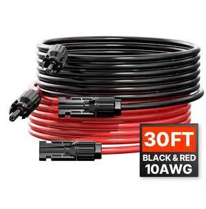 VEVOR 30FT Solar Panel Extension Cable, 10AWG Solar Extension Cable Wire with Female & Male Waterproof Connectors, 6mm² PV Cable for Home, Ship and RV Solar Panels, 30FT Black + 30FT Red (Set of 2)