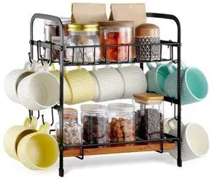 VEVOR 2 Tier Coffee Bar Organizer for Countertop with 12 Movable Hooks Mug Holder