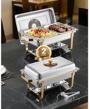 VEVOR 4 Qt 2 Pack Rectangle Chafing Dish Buffet Set Half Size Pan Stainless Steel Gold