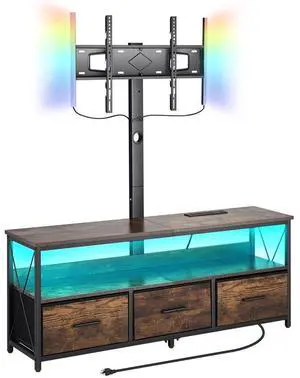 VEVOR 52" TV Stand with Mount for up to 75 in TVs, Entertainment Center with Power Outlet & LED Lights, Height Adjustable TV Console with Mount with 3 Drawers for Bedroom, Living Room, Brown