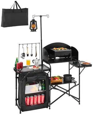 VEVOR Camping Kitchen Table Portable Outdoor Cook Station Storage Windshield Aluminum
