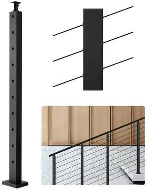 VEVOR Cable Railing Post, 36x1x2 Inch Stair Railing Post, with Pre-Drilled 30° Angled Holes, Stainless Steel Cable Rail Post with Horizontal and Curved Bracket, 1-Pack, Black, 1JZLGZXHS91402OS1001V0