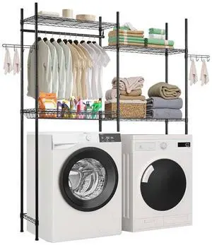 VEVOR Over Washer and Dryer Storage Shelf Two Row 4 Tiers Washer Rack Black