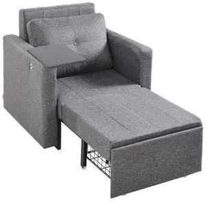 VEVOR  Sleeper Sofa Bed, Convertible Sleeper Bed with Side Pocket, Pillow, Armrest and Desk Board, 5 Adjustable Angles Backrest, Single Pull Out Sofa Couch with 2 Wheels and Bottom Storage, Gray