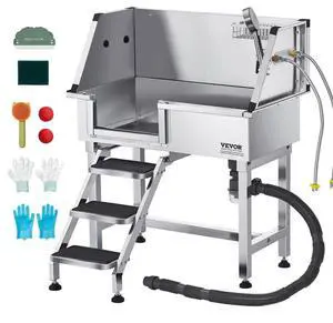 VEVOR 34" Dog Grooming Bath Tub Stainless Steel w Stairs Faucet Left Door