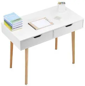 VEVOR Small Desk with Drawers, Kids Desk for Bedroom, Wooden Simple Study Table for Drawing, Reading, Writing, Rectangle MDF Furniture Study Storage Table for Home, Office, White + Wood