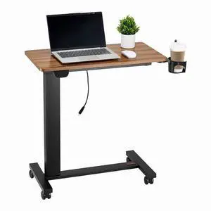 VEVOR Overbed Table, Mobile Bed Side Table with 4 Wheels, Electric Lifting with Upgrade Button, Rolling Laptop Desk with Cup Holder, Height Adjustable Overbed Desk for Home, Office, Study, Wood+Black