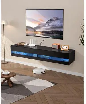 VEVOR Floating TV Stand, 71 in Wall Mount Entertainment Center with Power Outlet & LED Lights, Modern Floating TV Shelf with 2 Drawers & Storage Cabinet for DVD Player, Cable Box, Game Console, Black