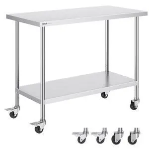 VEVOR Stainless Steel Work Table 24 x 48 x 38 Inch, with 4 Wheels, 3 Adjustable Height Levels, Heavy Duty Food Prep Worktable for Commercial Kitchen Restaurant, Silver