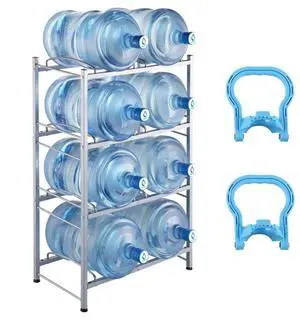 VEVOR 4 Tiers Water Jug Holder Double Row Water Bottle Rack for 8 Bottles Storage Detachable Heavy Duty Water Jug Organizer Stand for Home Office Kitchen Silver, Detachable Water Storage Shelf Organi