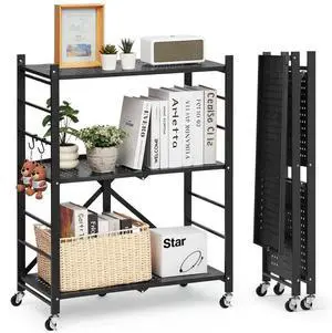 VEVOR 3-Tier Foldable Storage Shelf with Wheels 28 x 13 x 36-inch Metal Shelving