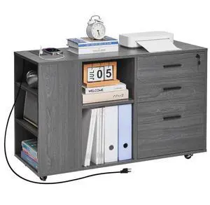 3 Drawer Wooden File Cabinet Mobile Filing Cabinet with Power Strip Gray