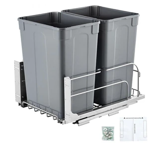 Double Pullout Waste Container Kitchen Trash Can with Soft Close Grey 35QTx2 Double Pullout Waste Container Kitchen Trash Can with Soft Close Grey 35QTx2