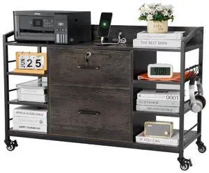 2 Drawers Metal File Cabinet with 6 Open Shelves and Power Strip Gray