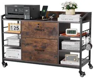 2 Drawers Metal File Cabinet with 6 Open Shelves and Power Strip Brown