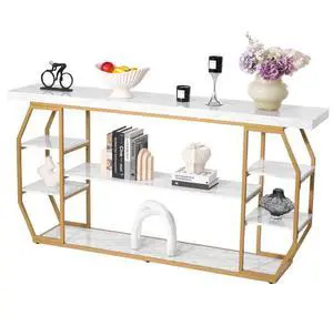3 Tiers Marble Console Table Modern Golden Geometric Large Console Table