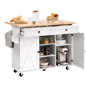 52in Kitchen Island Cart Rolling Storage Cabinet Table with Drawer Drop Leaf
