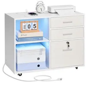 3 Drawer Wooden File Cabinet Mobile Filing Cabinet with Light Strip White