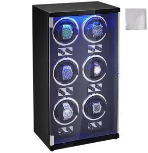 VEVOR Watch Winder, Watch Winder for 6 Men's and Women's Automatic Watches, with 6 Super Quiet Japanese Mabuchi Motors, Blue LED Light and Adapter, High-Density Board Shell and Black PU