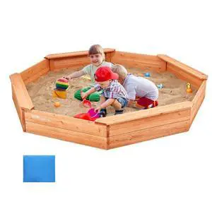 VEVOR Wooden Sandbox with Cover, 75.6 x 75.6 x 9.1 in Octagonal Sand Box, Sand Pit with 4 Seating and Bottom Liner, Kids Sandbox for Outdoor Backyard, Beach, Park, Gift for Boys Girls Ages 3-12