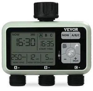 VEVOR Water Timer, 3 Outlets, Hose Watering Sprinkler Timer, with 3 Independent Watering Zone LCD Display Rain Delay Mode Manual Mode 360° Brass Inlet Metal Filter, IPX6 Waterproof for Yard Watering