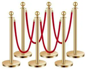 VEVOR Stanchions and Velvet Ropes 6Pcs, Hollow Base with Stainless Steel Post, 4 Red Velvet Ropes and Posts, Crowd Control Barriers Gold Stanchions, Red Carpet Runner Poles for Party Supplies