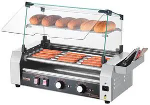 VEVOR Hot Dog Roller, 12 Hot Dog 5 Rollers, Stainless Steel Sausage Grill Cooker, 750W Commercial Hot Dog Machine with Dual Temp Control, Cover, Side Storage Box, Removable Shelf & Oil Drip Tray