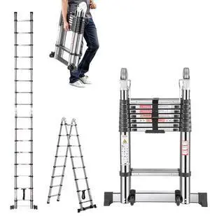 VEVOR Telescoping Ladder A Frame, 16.5ft Stainless Steel Extension Ladder, Multi-Button Retraction Portable Collapsible RV Ladders, 330LBS Load Telescopic Ladders with Balance Bar for Home, RV, Loft