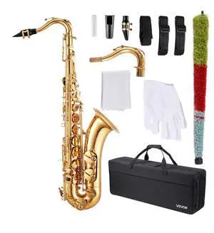 VEVOR Tenor Saxophone, B Flat, Professional Brass Saxophone Beginner Kit with Carrying Case, Mouthpiece, Straps, Cleaning Cloth, Gloves, Neck Strap, 23 Keys Tenor Sax Kit, for Beginners Students, Gold