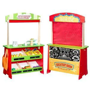 VEVOR Wooden Puppet Theater 2-in-1 Reversible Play Store Kids Play Market Stand