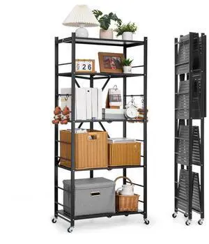 VEVOR Folding Storage Shelf with Wheels 5-Tier Metal Shelving Unit Black