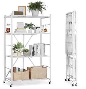 VEVOR Folding Storage Shelf with Wheels 4-Tier No Assembly Organizer Shelf White