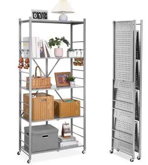 VEVOR Folding Storage Shelf with Wheels 5-Tier No Assembly Organizer Shelf Grey