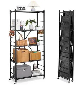VEVOR Folding Storage Shelf with Wheels 5-Tier No Assembly Organizer Shelf Black