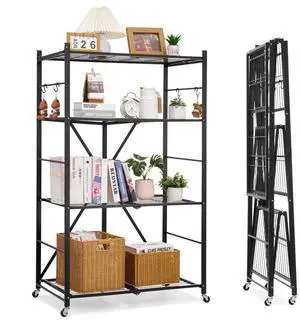 VEVOR Folding Storage Shelf with Wheels 4-Tier No Assembly Organizer Shelf Black