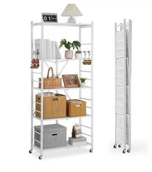 VEVOR Folding Storage Shelf with Wheels 5-Tier No Assembly Organizer Shelf White