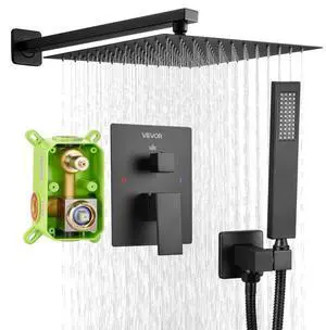 Shower Faucet Set 12" Square Rain Shower Head and Hand Set Matte Black