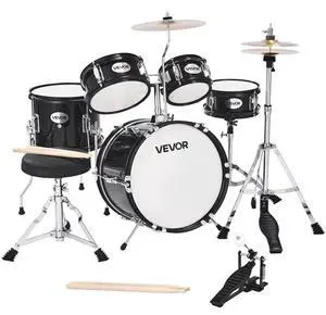 VEVOR Kids Drum Set, 5-Piece 14 in Junior Drum Sets, Beginner Drums Set with Adjustable Throne, Cymbal & Two Pairs of Drumsticks, Musical Learning Drums Instruments Kit, for Children Ages 6-13(Black)