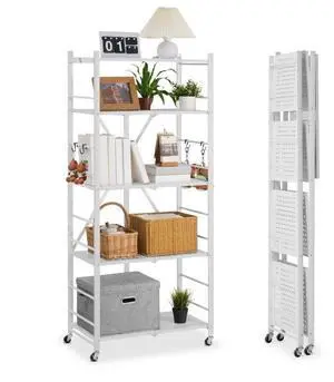 VEVOR Folding Storage Shelf with Wheels 5-Tier Metal Shelving Unit White