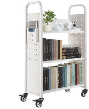 VEVOR 3-Tier Rolling Book Cart Single Sided L-Shaped Shelves Book Truck in White