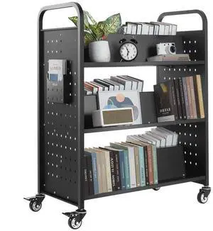 VEVOR 3-Tier Rolling Book Cart Double Sided W-Shaped Shelves Book Truck in Black