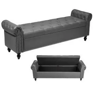 VEVOR Button-Tufted Storage Ottoman Bench Rolled Arm PU Leather Wood Legs Gray