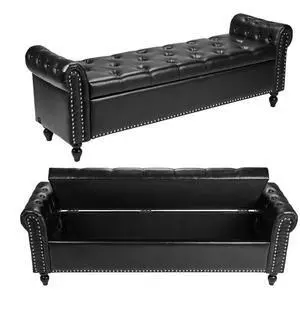 VEVOR Button-Tufted Storage Ottoman Bench Rolled Arm PU Leather Wood Legs Black