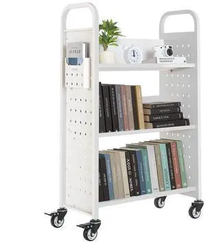 VEVOR Rolling Library Book Cart, 330 lbs Capacity, 30.3 x 15 x 48.0-Inch Library Cart, Single Sided V-Shaped Shelves with 3-Inch Lockable Wheels, Book Truck for Home Shelves Office and School, White