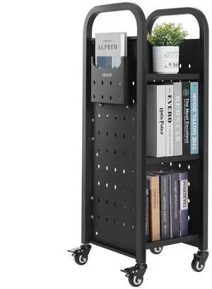VEVOR 3-Tier Rolling Book Cart Single Sided L-Shaped Shelves Book Truck Black