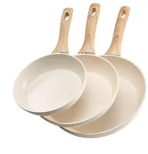 VEVOR 3 Piece Frying Pan Aluminum Skillet Set 8 9.5 11 in Handle Pre-Seasoned Beige